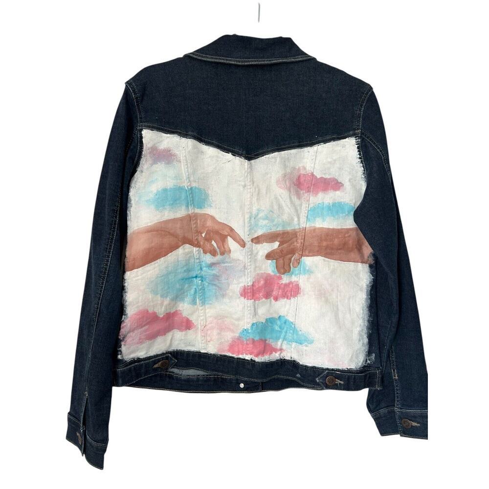 Riders Lee Denim Jacket Size L Indigo Hand Painted Creation of Adam‎ Art to Wear